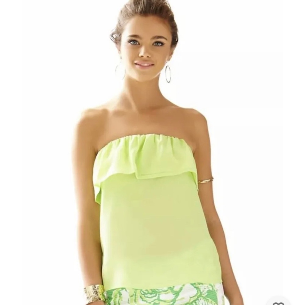 Lilly Pulitzer Women S Lime Green Strapless Ruffled 100% Silk “Ginny” Top Blouse